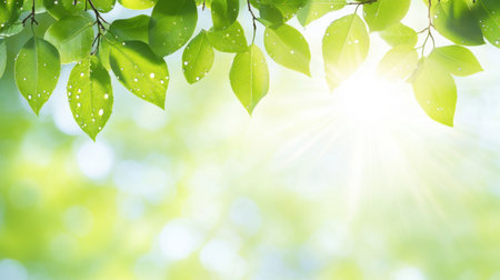 A serene close-up of fresh green leaves adorned with morning dew, bathed in soft sunlight, evoking tranquility and the beauty of nature.の素材
