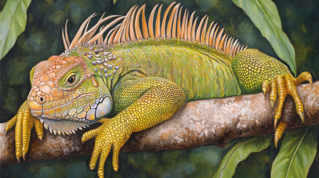 This captivating illustration showcases a vibrant iguana lounging on a tree branch amidst lush greenery. The intricate details highlight its scales and unique colors, embodying tropical serenity.の素材