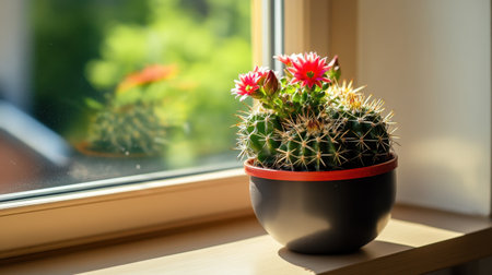 A stunning cactus plant with vibrant pink flowers sits in a stylish pot by a sunlit window, bringing a touch of nature into a cozy indoor space.の素材
