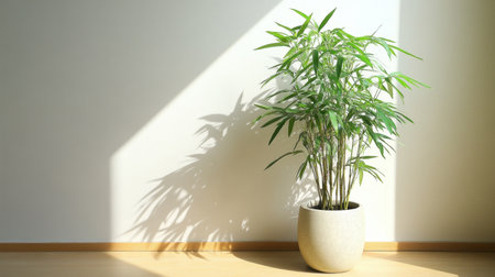 A stunning bamboo plant in a simple pot creates a tranquil atmosphere with its vibrant green leaves and soft shadows on the light wall, perfect for home decor.の素材