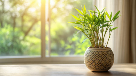 A vibrant bamboo plant sits in an intricately designed pot on a wooden table, surrounded by sunlight shining through a window, creating a serene atmosphere.の素材