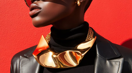 This striking image features a fashionable woman showcasing bold gold jewelry against a vibrant red background, highlighting elegance and confidence.の素材