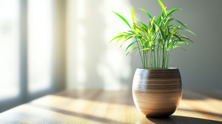 A vibrant green indoor plant sits gracefully in a stylish pot, illuminated by soft sunlight, enhancing the serene ambiance of a modern home interior.の素材