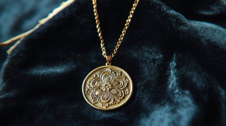 A stunning gold necklace featuring a beautifully detailed floral pendant, gracefully displayed on a luxurious dark fabric background, perfect for fashion lovers.の素材