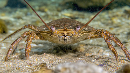 A striking underwater image of a brown crab exploring the ocean floor, showcasing its intricate features and vibrant habitat in crystal-clear water.の素材