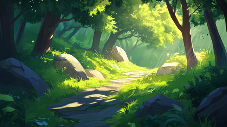 A serene trail winds through a vibrant green forest, with sunlight filtering through the trees, creating a peaceful and inviting atmosphere.の素材