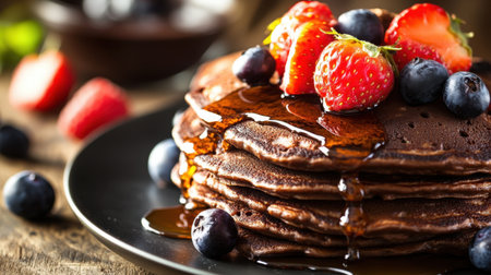 A tempting stack of chocolate pancakes adorned with fresh strawberries and blueberries, drizzled with rich maple syrup, served on a rustic wooden table.の素材