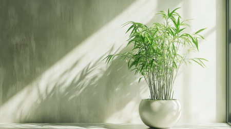 A striking bamboo plant in a sleek pot brings life and freshness to a modern interior, enhanced by gentle sunlight casting soft shadows.の素材