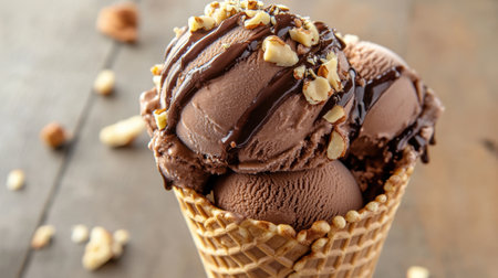 This tempting image features a delicious scoop of chocolate ice cream in a waffle cone, drizzled with rich chocolate sauce and sprinkled with nuts. Perfect for food lovers!の素材