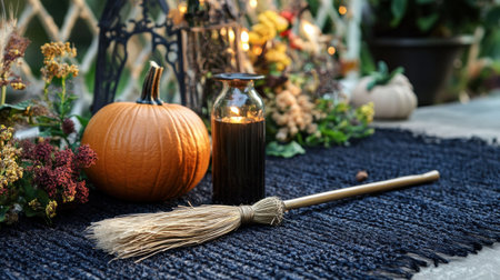 A cozy autumn scene featuring a warm orange pumpkin, a flickering candle in a glass jar, and a rustic broom, all set among dried flowers and seasonal decor.の素材