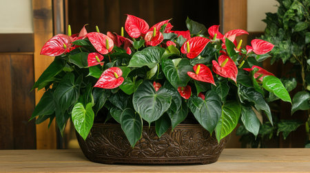 A stunning display of red anthurium plants in a decorative pot, showcasing vibrant blooms and lush greenery, perfect for enhancing any indoor space.の素材