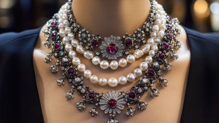 This stunning vintage jewelry display captures the elegance of delicate beadwork and colorful gemstones, perfect for fashion lovers and collectors.の素材