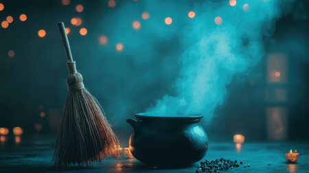 A captivating scene featuring a cauldron emitting enchanting smoke, accompanied by a rustic witch broom. Soft ambient lights and candles create a mysterious atmosphere, perfect for Halloween or fantasy-themed projects.の素材