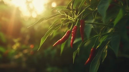 A captivating image of fresh red chili peppers hanging from a green plant, illuminated by warm sunlight, showcasing the beauty of nature and agricultural growth.の素材