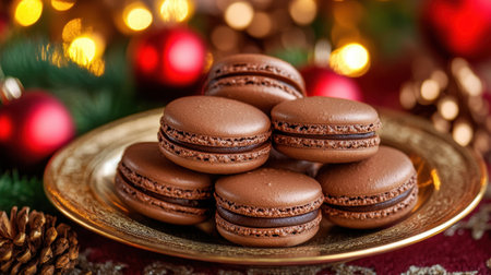 A delightful display of chocolate macarons arranged on an elegant gold plate, surrounded by festive holiday decorations, creating a warm and inviting atmosphere.の素材