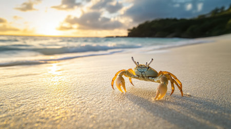 A tiny crab scuttles across golden sand as the sun sets over a tranquil beach, creating a peaceful tropical atmosphere filled with natural beauty.の素材