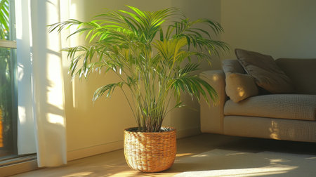 A vibrant green potted palm stands elegantly in a cozy indoor living area, illuminated by warm sunlight, creating a tranquil and inviting atmosphere.の素材