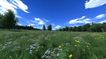 A stunning landscape photograph featuring a lush green field filled with colorful wildflowers. The bright blue sky and fluffy clouds create a serene and tranquil environment, perfect for nature lovers and photographers.の素材