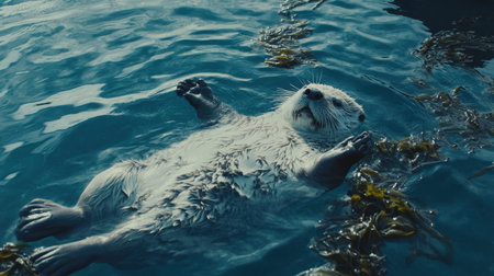 A serene sea otter floats effortlessly on its back in the clear blue water, surrounded by lush kelp. This charming scene highlights the beauty of marine wildlife.の素材