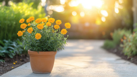 A stunning arrangement of bright orange marigolds in a terracotta pot captures the essence of a serene garden scene with warm sunset light.の素材