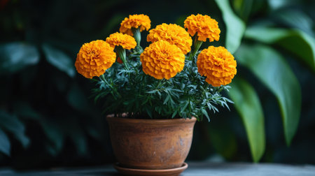 A stunning display of vibrant marigold flowers in a rustic terracotta pot, highlighting their bright orange petals against lush green foliage for a natural touch.の素材