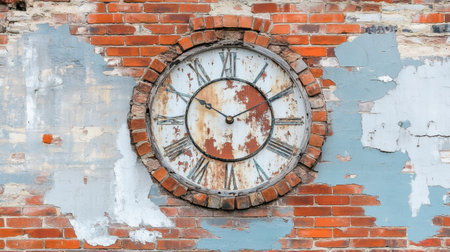 A captivating close-up of a weathered clock mounted on a brick wall, showcasing timeless elegance and rustic charm within an urban decay setting.の素材