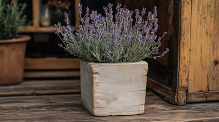 A rustic wooden planter holds lush lavender flowers, creating a beautiful focal point on a wooden tabletop. Perfect for enhancing home decor.の素材