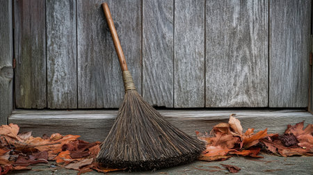 A rustic broom rests on the ground amidst vibrant autumn leaves, set against a weathered wooden wall, capturing the essence of fall cleanup and nature.の素材