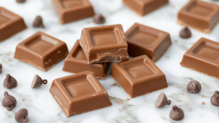 A collection of delectable chocolate squares arranged on a sleek marble surface with chocolate chips scattered around. Perfect for dessert ideas.の素材