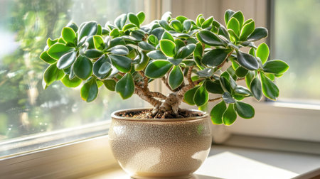 A vibrant indoor potted plant with succulent leaves sits elegantly by a window, basking in soft morning light, enhancing any home decor with its natural beauty.の素材