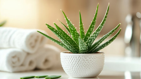 A beautiful aloe vera plant sits in a textured white pot, complemented by neatly rolled towels, creating a serene and calming atmosphere for wellness and relaxation.の素材