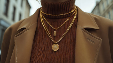Close-up of a stylish woman showcasing layered gold necklaces over a cozy brown sweater, set against a soft urban backdrop, exuding elegance and warmth.の素材