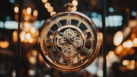 An exquisite antique pocket watch showcases intricate gears and Roman numerals, set against a backdrop of warm ambient lighting, emphasizing vintage elegance.の素材
