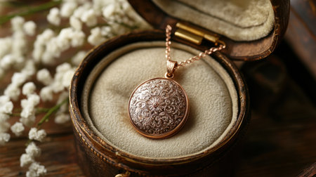 This captivating vintage rose gold locket necklace is displayed elegantly in a jewelry box, showcasing its intricate floral design alongside delicate flowers.の素材