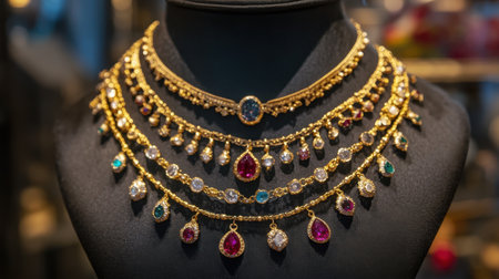 This stunning display of elegant gold jewelry showcases an array of colorful gemstone necklaces. A perfect choice for fashion enthusiasts, it highlights exquisite craftsmanship and luxurious design.の素材