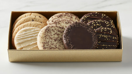Delight in an assortment of beautifully presented cookies in a luxurious gold box, perfect for gifting or enjoying at celebrations and gatherings.の素材