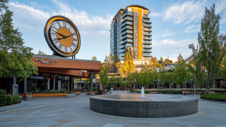 A picturesque urban plaza featuring a striking clock tower and a serene fountain, surrounded by lush greenery and modern apartment buildings, ideal for leisure activities.の素材