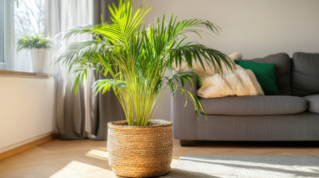 A vibrant indoor plant adds life and freshness to a modern living room, where natural light streams in, creating a welcoming space perfect for relaxation.の素材