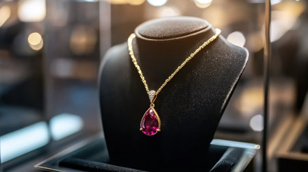 This image features an elegant gold necklace with a stunning teardrop ruby pendant, beautifully displayed in a jewelry store setting, radiating luxury.の素材