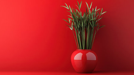 A vibrant red pot filled with lush green plant against a striking red background creates a bold statement for home decor and interior design.の素材