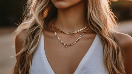 A close-up portrait of an elegant model showcasing two delicate gold chains. Soft natural light enhances the luxurious feel, emphasizing the beauty of the jewelry and the model's effortless style.の素材