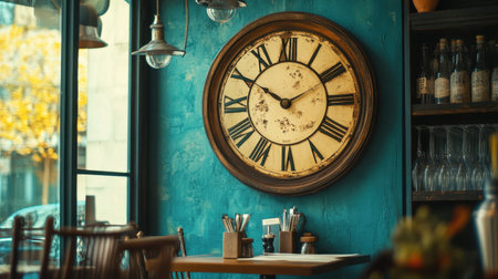 A charming cafe interior featuring a vintage clock on a textured blue wall, with a wooden table set for dining. The warm ambiance invites relaxation and enjoyment.の素材