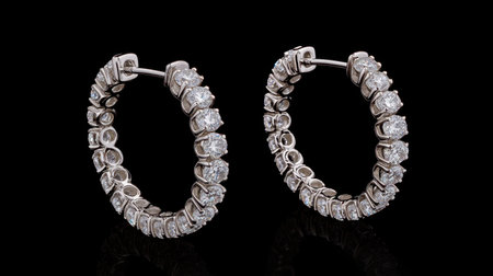 Stunning diamond hoop earrings displayed against a sleek black background, embodying luxury and elegance. Ideal for fashion and jewelry enthusiasts.の素材