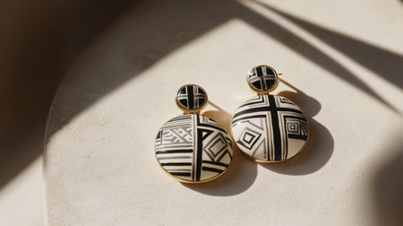 Captivating black and white earrings featuring intricate geometric patterns, perfect for any fashion collection, enhancing elegance and style.の素材