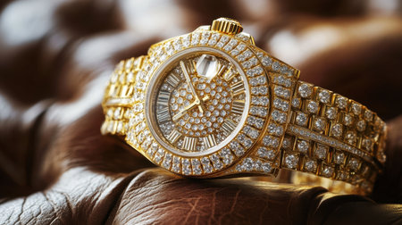 Exquisite gold watch adorned with sparkling diamonds, showcasing a blend of luxury and elegance, perfect for making a bold fashion statement.の素材