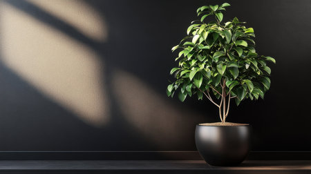 A striking indoor ficus plant in a sleek black pot brings a touch of nature to a modern interior design, enhanced by beautiful sunlight shadows.の素材