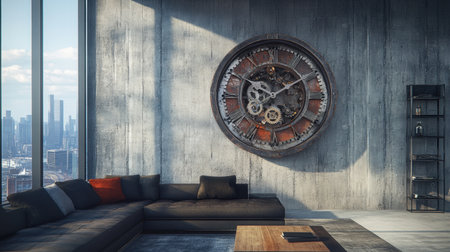 This stunning image showcases a modern living room featuring an industrial-style clock on a textured wall, providing a cozy ambiance complemented by a city view.の素材