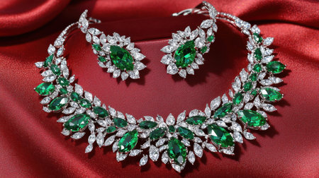 This exquisite jewelry set features a stunning green gemstone necklace and matching earrings set against a rich red satin background, perfect for any glamorous occasion.の素材