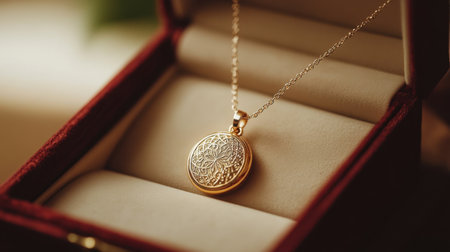 This exquisite golden locket pendant is showcased in a plush red velvet jewelry box, featuring intricate engraving that highlights its elegance and charm.の素材