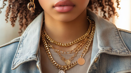 This image features a close-up view of a young woman showcasing multiple layers of stylish gold jewelry, including delicate chains and earrings, emphasizing contemporary fashion.の素材
